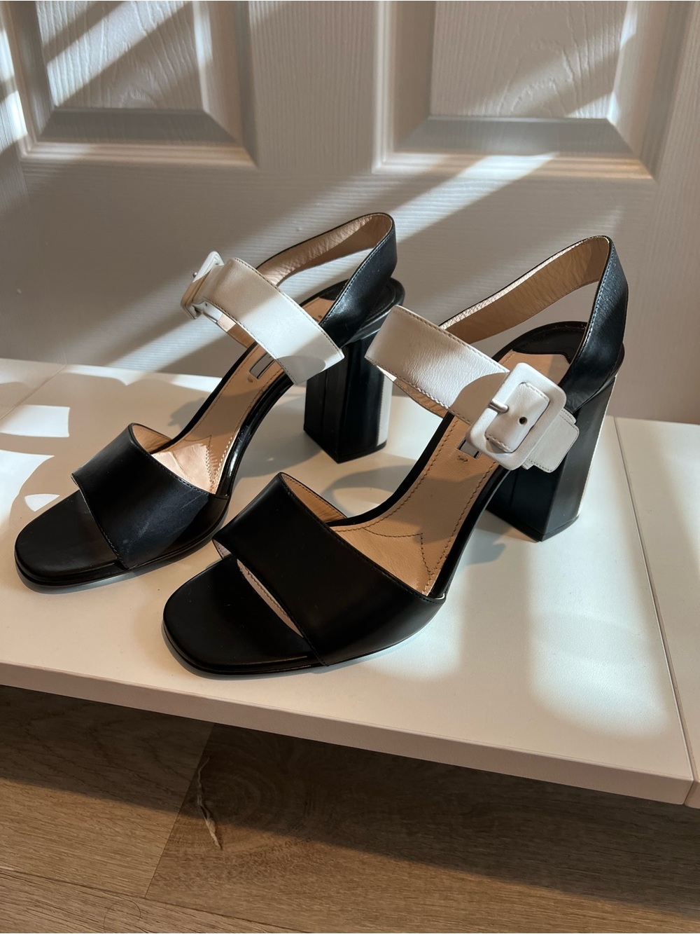 Prada Black and White Block Heel Sandals with Buckle